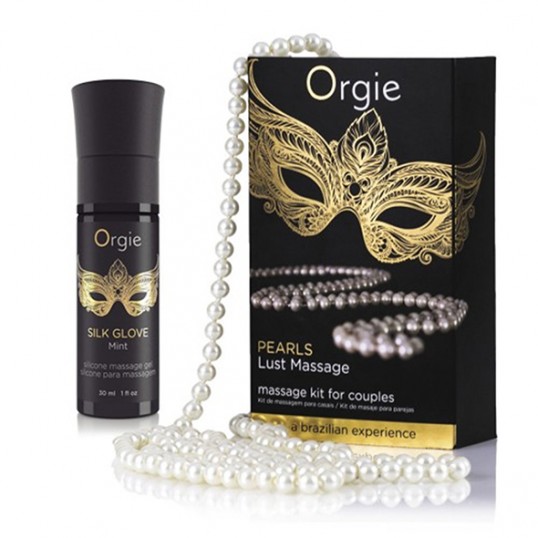 Комплект для эротического массажа Orgie Pear Lust Massage (силиконовый массажный гель + жемчужное ожерелье), 30 мл