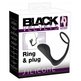 Чёрное эрекционное кольцо с анальной пробкой black velvets ring & plug