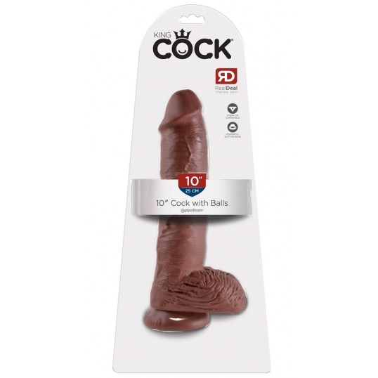 Большой коричневый фаллоимитатор с мошонкой 10" cock with balls на присоске - 25,4 см.