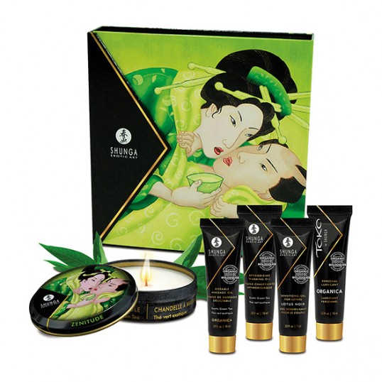 Свеча с массажным маслом в наборе shunga geisha organica экзотический зеленый чай, 5 предметов в упаковке