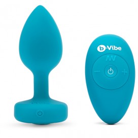 Вибропробка B-vibe Jewel S/M с пультом ДУ, голубая с аквамариновым кристаллом